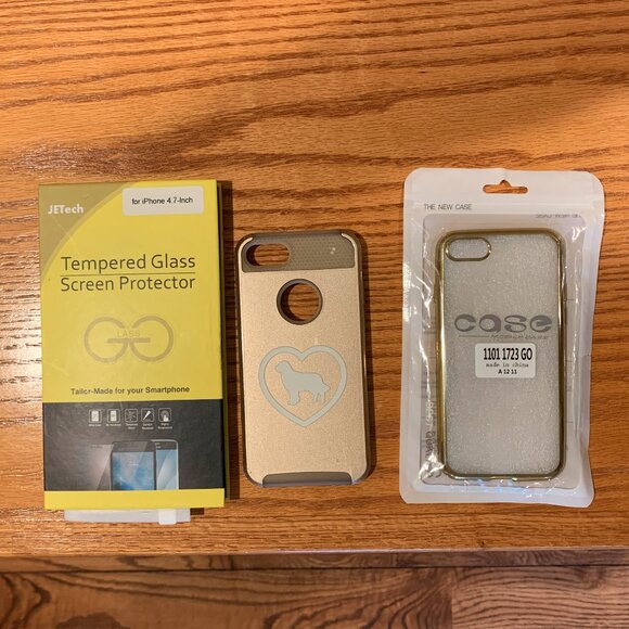 NEW GOLD CASE FOR IPHONE 7 WITH JETECH SCREEN PROTECTOR + GOLD HEART/DOG COVER - Picture 1 of 8